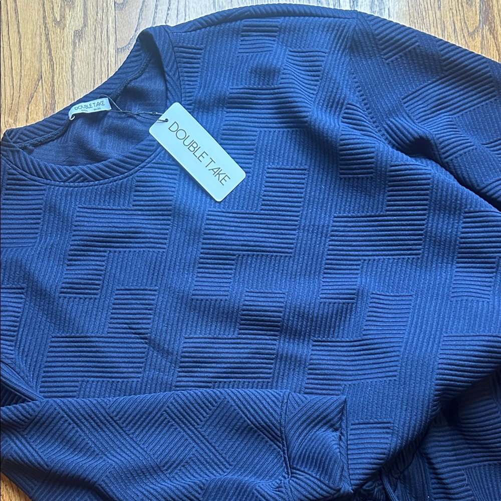 Double Take Navy Textured Top and Pants - Picture 3 of 7